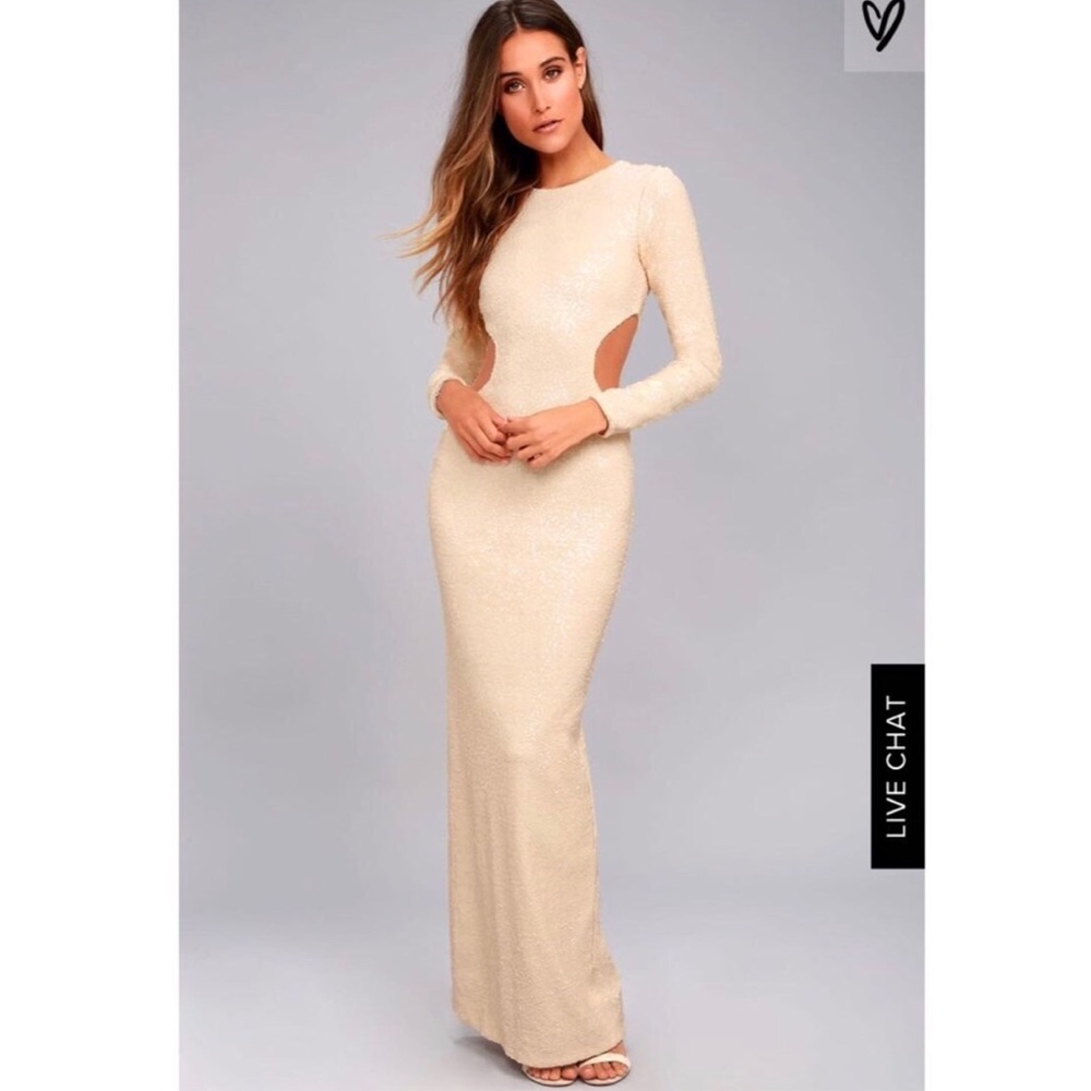Cream full length sequin maxi dress with cutouts.